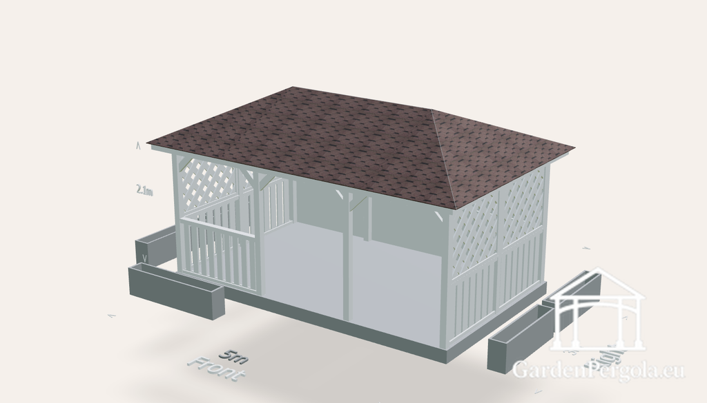 Prieel 3x5m met bruin shingles vierzijdig dak
