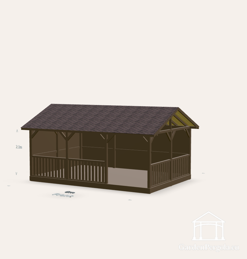 Prieel 4x6m met bruin shingles zadeldak