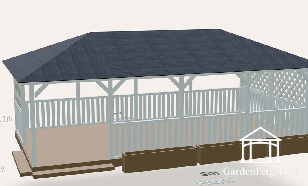 Prieel 4x8m met zwart shingles dak met vier hellingen