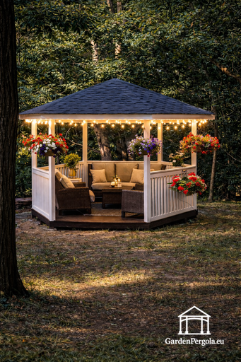 Zeskantig houten prieel — gezellig tuinprieel met vloer en overdekt dak