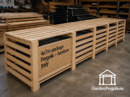 4x7 m natuurlijke houten prieel — ruime tuinprieel met vloer, relingen en enkelzijdig dak