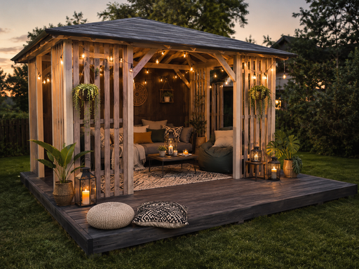 3x4 m Houten Prieel met 4x4 m Terras — Gezellig Tuinprieel met Vloer en Open Terras