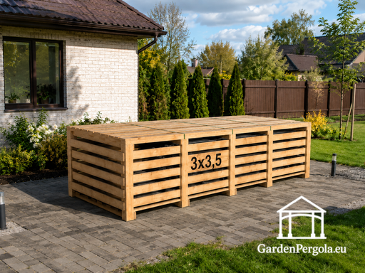 3x3,5 m bruine houten prieel — gezellige tuinprieel met vloer, gesloten achterwand en decoratieve latwerk zijwanden