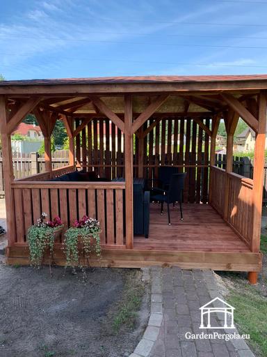 3x3.5 m Bruin Houten Tuinpaviljoen — Gezellig Tuinpaviljoen met Vloer en Decoratieve Lattenszijden