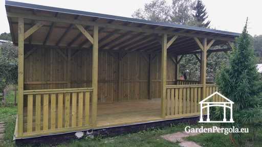 4x7 m natuurlijke houten prieel — ruime tuinprieel met vloer, relingen en enkelzijdig dak