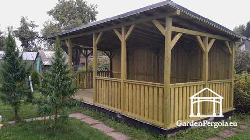 4x7 m natuurlijke houten prieel — ruime tuinprieel met vloer, relingen en enkelzijdig dak - garden gazebo pergola