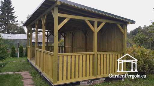 4x7 m natuurlijke houten prieel — ruime tuinprieel met vloer, relingen en enkelzijdig dak