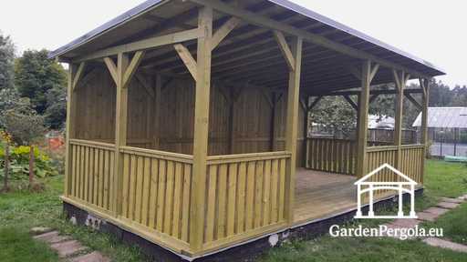 4x7 m natuurlijke houten prieel — ruime tuinprieel met vloer, relingen en enkelzijdig dak