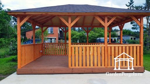 4x5 m amber houten prieel — ruim tuinprieel met vloer, leuningen en overdekt dak - garden gazebo pergola