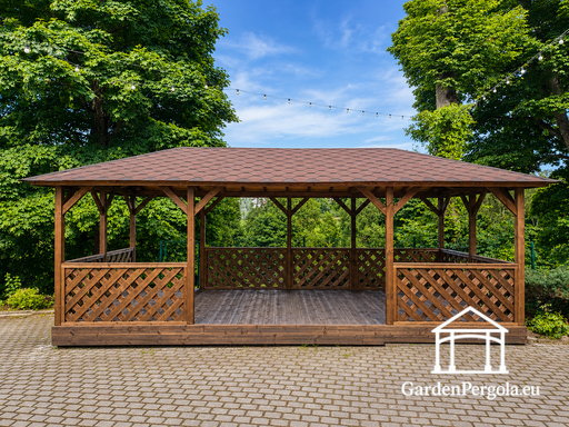 4x7 m Bruine Houten Prieel — Ruim Tuinprieel met Vloer, Lattenschermen en Shingledak - garden gazebo pergola