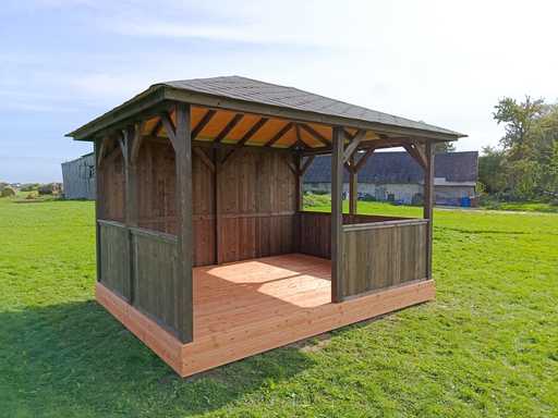 Prieel met dakshingles — 3x4 m donker houten tuinpaviljoen met vloer