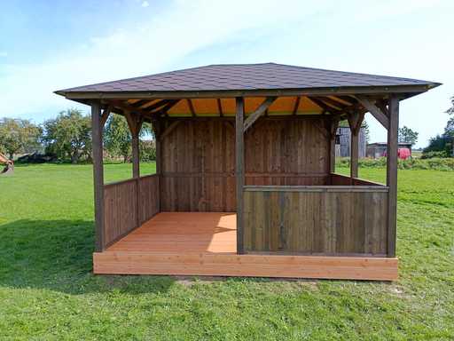 Prieel met dakshingles — 3x4 m donker houten tuinpaviljoen met vloer - garden gazebo pergola