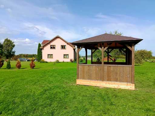 Prieel met dakshingles — 3x4 m donker houten tuinpaviljoen met vloer
