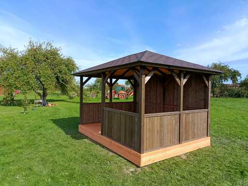 Prieel met dakshingles — 3x4 m donker houten tuinpaviljoen met vloer
