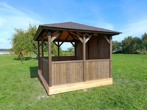 Prieel met dakshingles — 3x4 m donker houten tuinpaviljoen met vloer