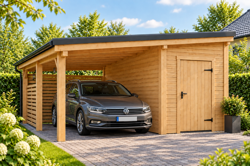 4x5 m houten carport met een kleine opslagruimte