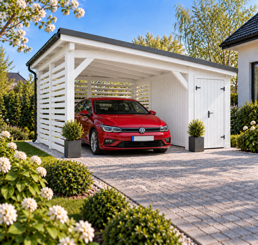 4x4,5 m houten carport met een kleine opslagruimte