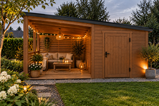 4,5x4,5 m houten tuingebouw met opslagruimte en luifel