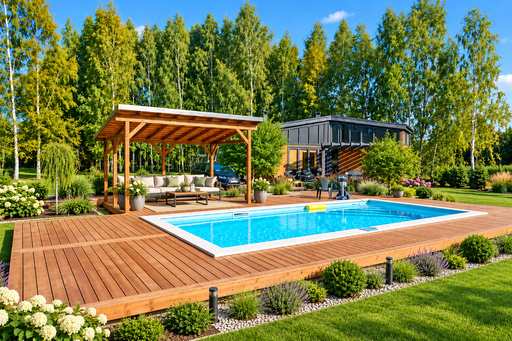 Uniek 65 m² natuurlijk houten zwembadterras met geïntegreerde pergola