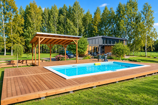 Uniek 65 m² natuurlijk houten zwembadterras met geïntegreerde pergola - garden gazebo pergola