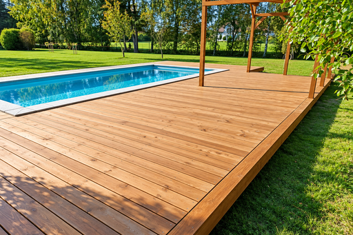 Uniek 65 m² natuurlijk houten zwembadterras met geïntegreerde pergola