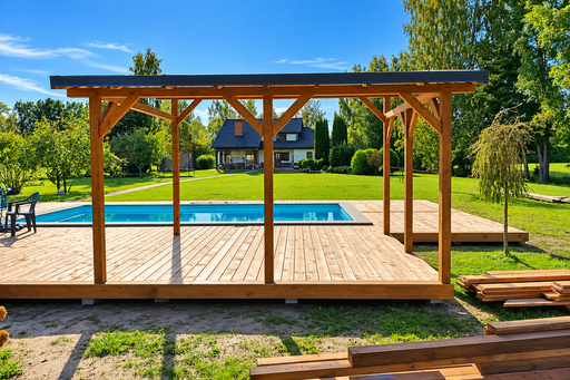 Uniek 65 m² natuurlijk houten zwembadterras met geïntegreerde pergola
