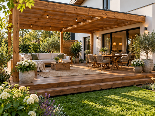 5 x 7 m natuurlijk houten terras met trede