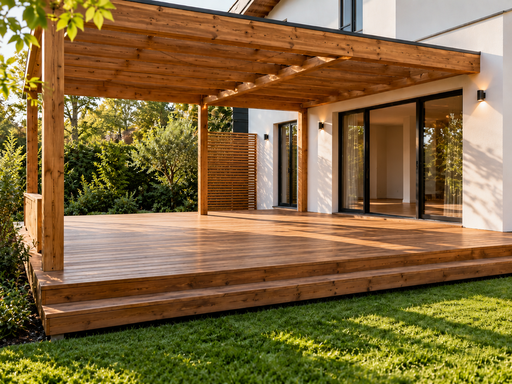 Houten terras bij het huis, grootte, stappen, leuningen en ontwerp