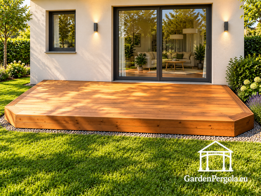 18 m² natuurlijk houten terras met onregelmatig gevormde randen