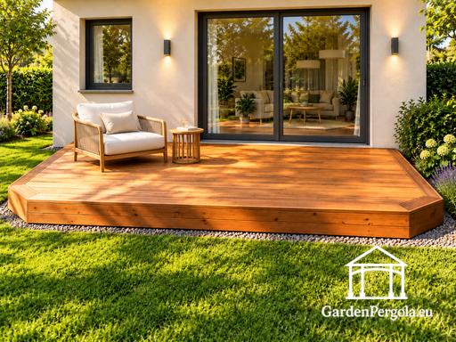 18 m² natuurlijk houten terras met onregelmatig gevormde randen