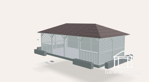 Prieel 4x8m met bruin shingles dak met vier hellingen