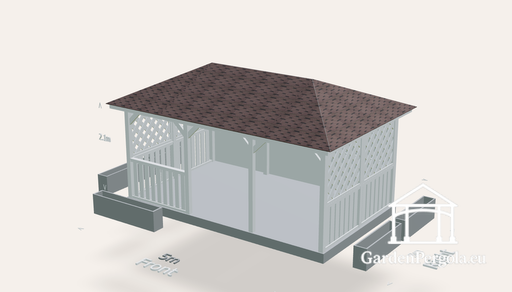 Prieel 3x5m met bruin shingles vierzijdig dak